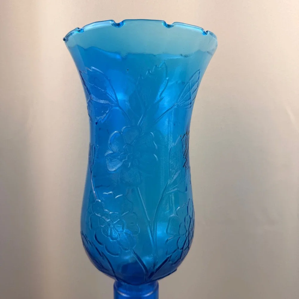 Vintage Blue Glass Hurricane Candle Holder Floral Embossed 2 Piece 18.5 Inch